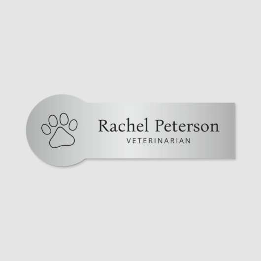 Metallic Zilver Moderne Paw Print Veterinair Naamplaatje (Voorkant)