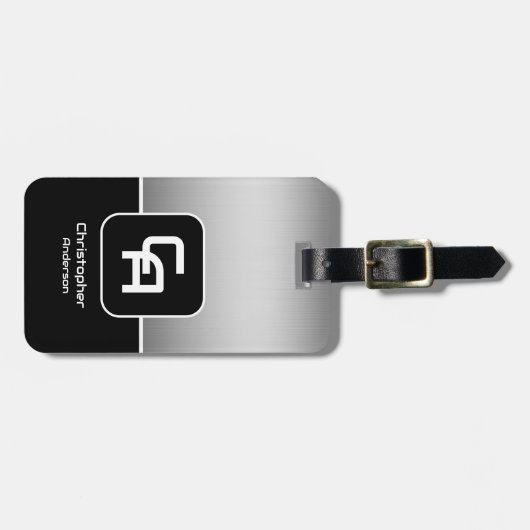 Metallic zilver monogram bagagelabel (Voorkant horizontaal)