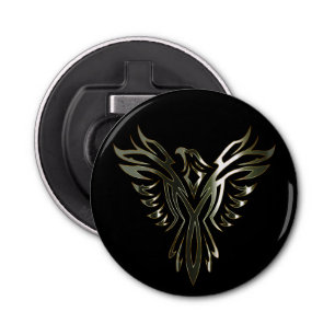 Metallic zilver Phoenix op zwart Button Flesopener
