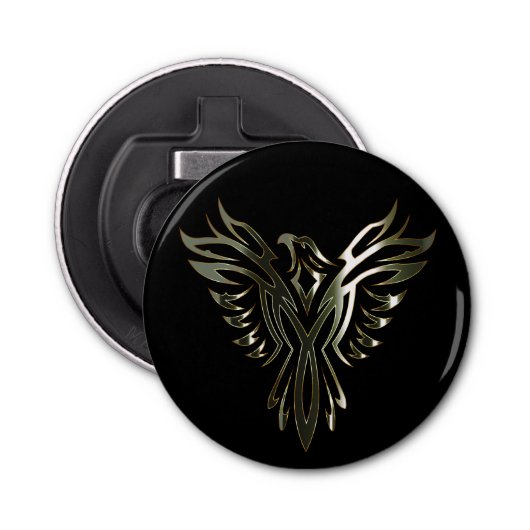 Metallic zilver Phoenix op zwart Button Flesopener (Voorkant)