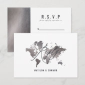 Metallic zilver wereldkaart bruiloft R.S.V.P RSVP Kaartje (Voorkant / Achterkant)