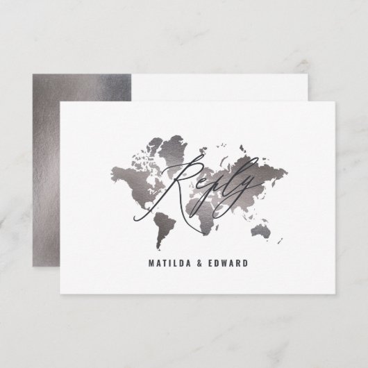 Metallic zilver wereldkaart bruiloft R.S.V.P RSVP Kaartje (Voorkant / Achterkant)