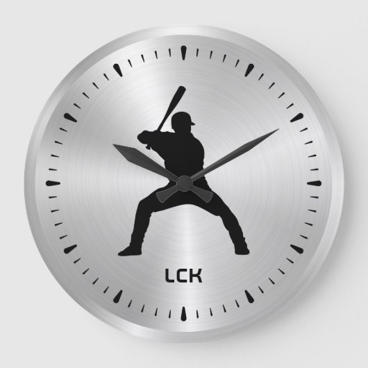 Metallic Zilver Zwart Baseball Speler Silhouet Grote Klok (Voorkant)