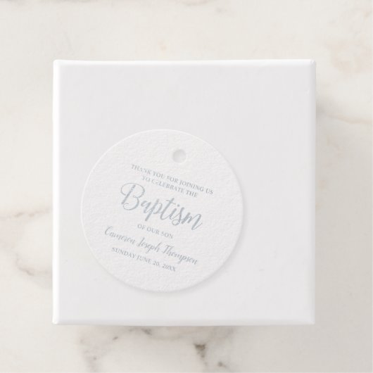 Metallic zilveren doop baby jongen dank u bedankjes labels (Met doos)