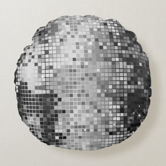 Metallic zilveren pailletten Disco Glitter Pixel A Rond Kussen (Voorkant)