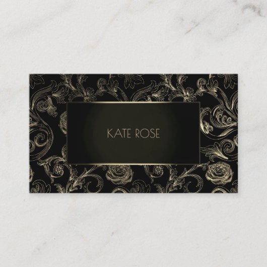 Metallic Zwart Champagne Goud Bloemen Lijst Rozen Visitekaartje (Voorkant)