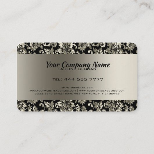 Metallic zwart en oud zilver Toon bloemdamast Visitekaartje (Achterkant)