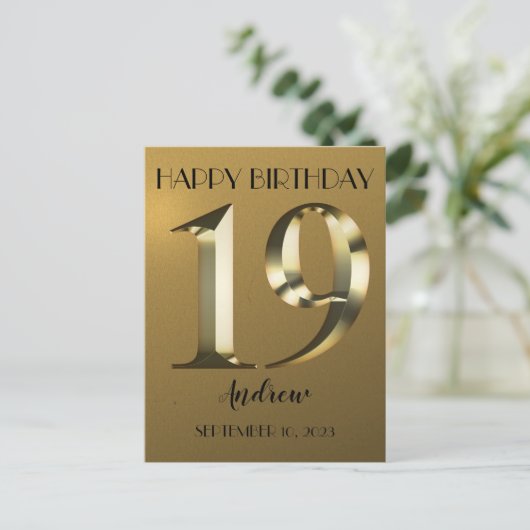 Metallig gouden 19e verjaardag briefkaart (Staand voorkant)