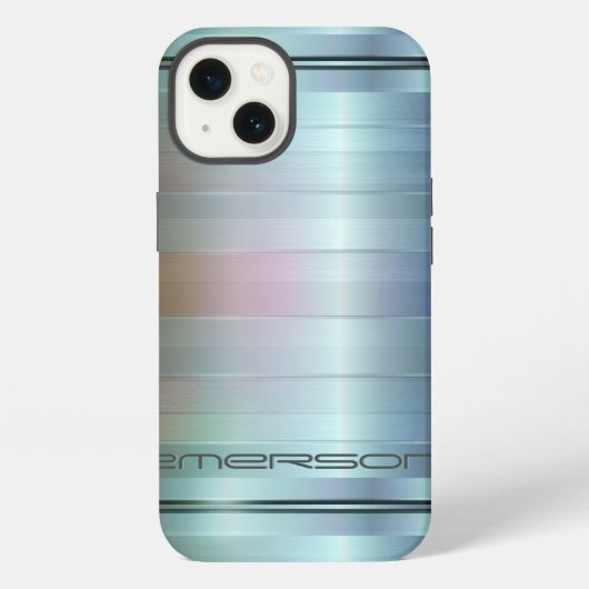 Metallisch blauw-grijs strepenpatroon monogram iPhone hoesje (Achterkant)