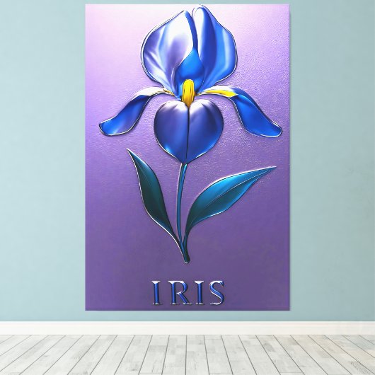 Metallisch Glänzende Blaue Irisblüte mit Text Canvas Afdruk (Insitu (Houten vloer))