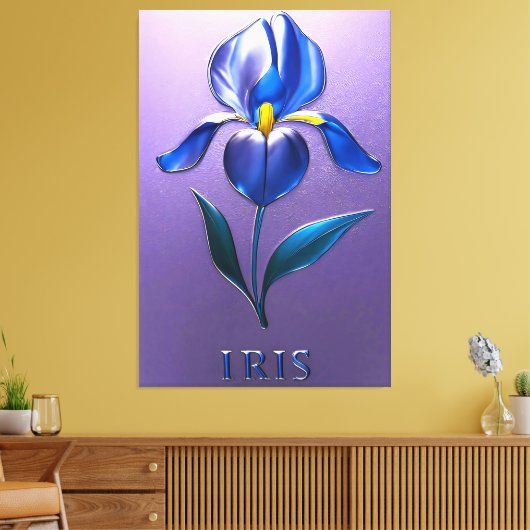 Metallisch Glänzende Blaue Irisblüte mit Text Canvas Afdruk (Insitu (Woonkamer))