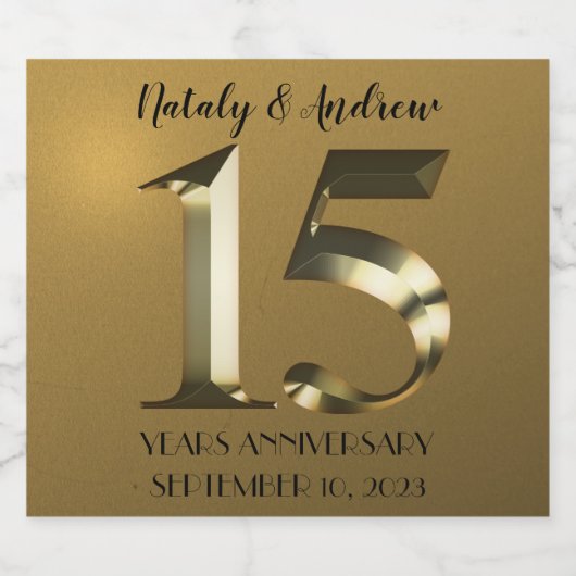 Metallisch gouden 15e Jubileum voor bruiloft Sparkling Wijnetiket (Enkel label)