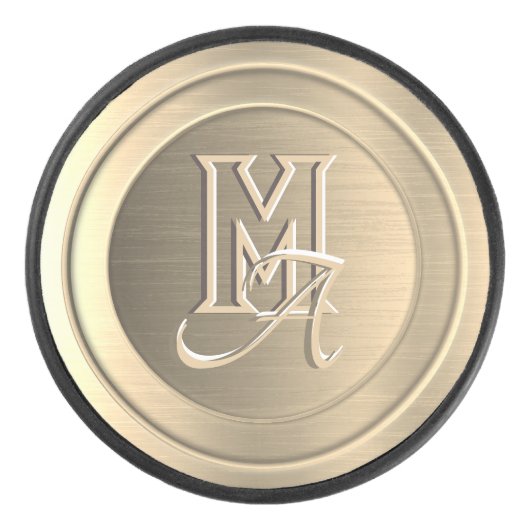 Metallisch goudstaal (geïmiteerd) gegraveerd monog hockey puck (Voorkant)