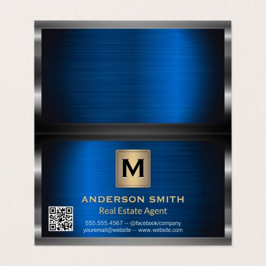 metallisch Lijst | Blauw Metallic | QR-labelscan Visitekaartje (Buitenkant ongevouwen)