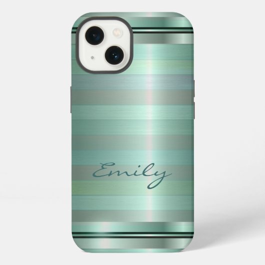Metallisch Zachte Groene Strepen Patroon Monogram iPhone Hoesje (Achterkant)