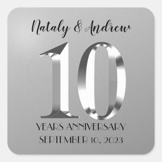 Metallisch Zilver 10-jarig Huwelijk Vierkante Sticker (Voorkant)