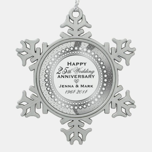 Metallisch Zilver 25e Trouwdag 5 Tin Sneeuwvlok Ornament (Voorkant)