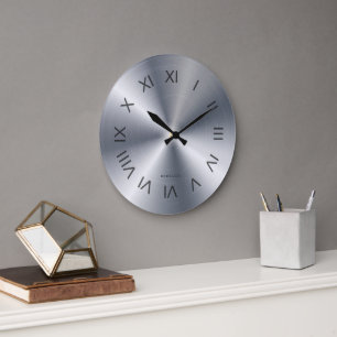 Metallisch Zilveren Grijs Textuur Aangepaste Monog Grote Klok