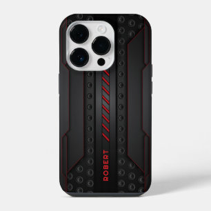 Metallische geometrische zwarte textuur rode accen iPhone 14 plus hoesje