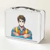 Metallische Lunchbox mit Manga-Sicherheitsfachmann (Achterkant)