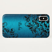 metallische turquoise met zwart Floral monogram Case-Mate iPhone Case (Achterkant (horizontaal))