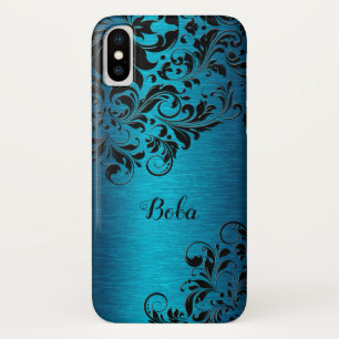 metallische turquoise met zwart Floral monogram Case-Mate iPhone Case