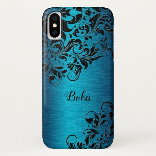 metallische turquoise met zwart Floral monogram Case-Mate iPhone Case (Achterkant)