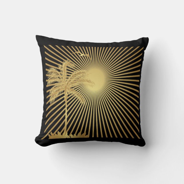 Metalllic Gold Palm Tree, Sun and Bird Pillow Kussen (Voorkant)