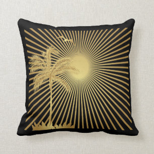 Metalllic Gold Palm Tree, Sun and Bird Pillow Kussen