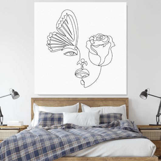 Metamorfose – Abstracte vlinder & Roos Line Art Canvas Afdruk (Insitu (Slaapkamer))