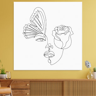 Metamorfose – Abstracte vlinder & Roos Line Art Canvas Afdruk