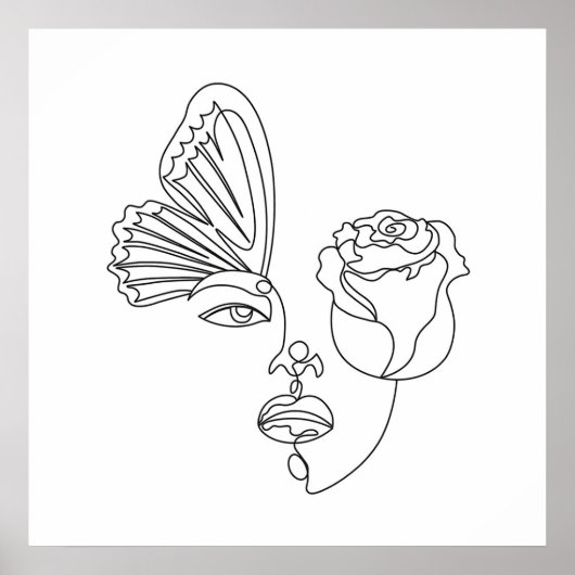 Metamorfose – Abstracte vlinder & Roos Line Art Poster (Voorkant)