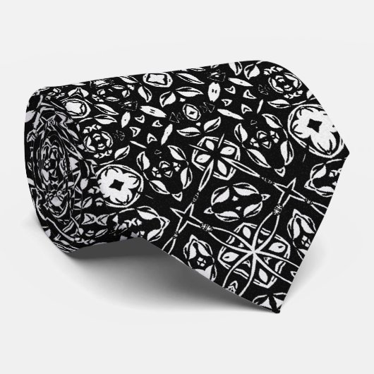 Metamorfose Medallion Pattern Black en White Stropdas (Opgerold)