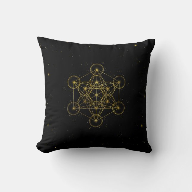 Metatron's Cube Sacred Geometry Black en Gold Kussen (Voorkant)