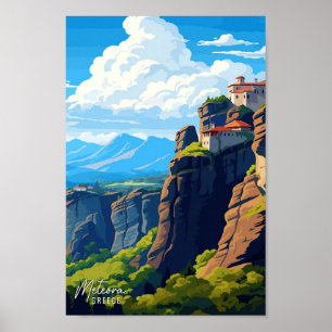 Meteora Griekenland vintage reisillustratie Poster