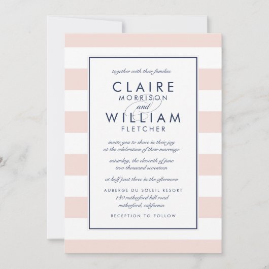 Metro Stripe bruiloft uitnodiging | Blush en Navy (Voorkant)
