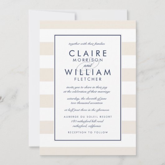 Metro Stripe bruiloft uitnodiging | Marine en Crèm (Voorkant)