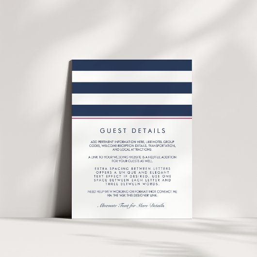 Metro Stripe Guest Information Kaart | Roze en zee