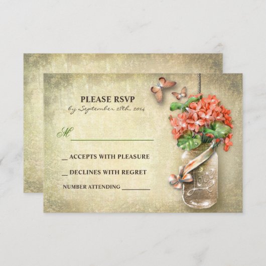 metselaar pot & koraal bloemen RSVP kaarten (Voorkant / Achterkant)