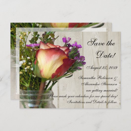 Metselwerkpot met roos en wilde bloemen aankondigingskaart (Voorkant / Achterkant)