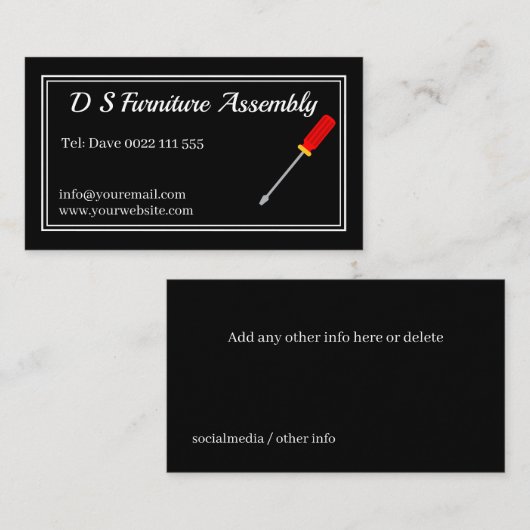 Meubels Assemblage Schroevendraaier Zwart Visitekaartje (Voorkant / Achterkant)