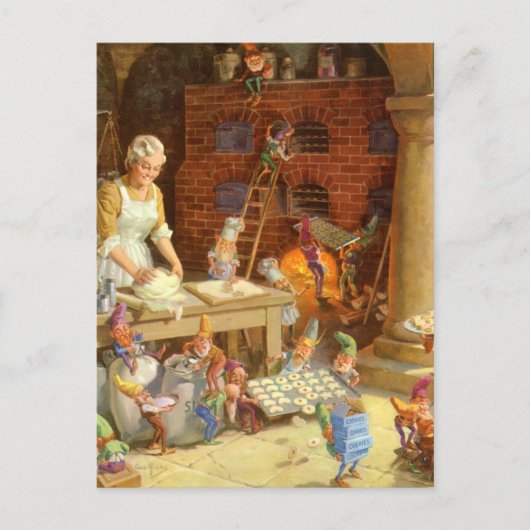 Mevr. Claus en de Elf bakken de Koekjes van Feestdagenkaart (Voorkant)