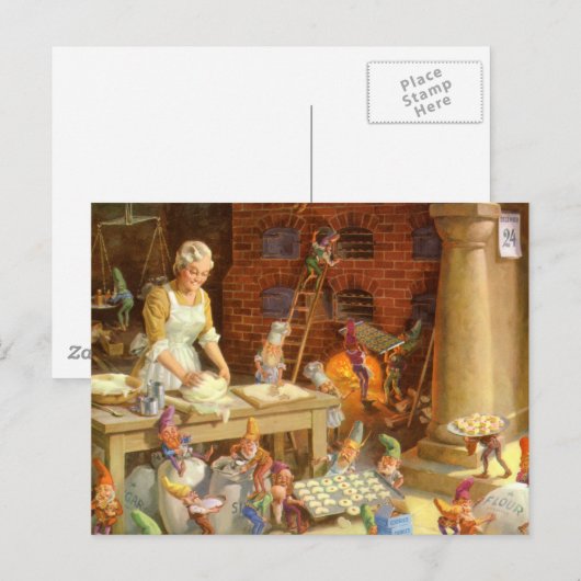 Mevr. Claus en de Elf bakken de Koekjes van Feestdagenkaart (Voorkant / Achterkant)