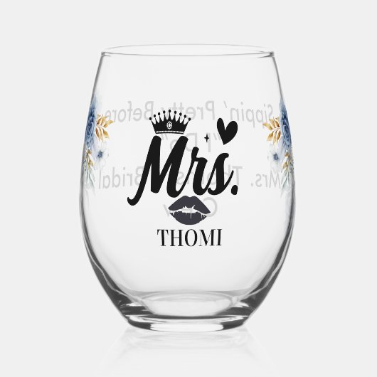 Mevr. Crown Heart Lips Bloemig Blauw Romantisch Wijnglas Zonder Voet (Voorkant)