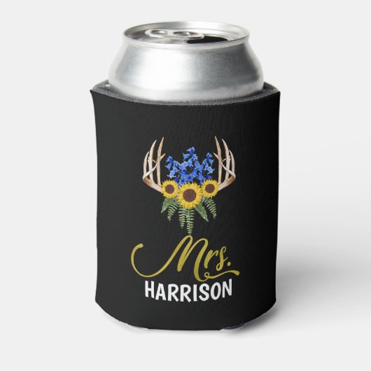 Mevrouw Achternaam Rustic Floral Antlers bruiloft Blikjeskoeler (Blikje Achterkant)