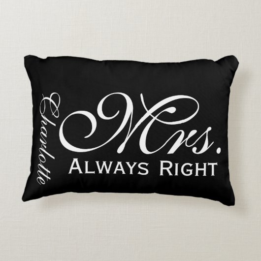 Mevrouw altijd rechts scroll tekst zwart-wit accent kussen (Achterkant)