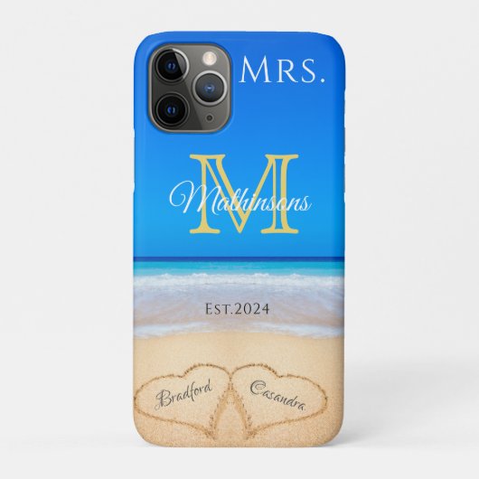 Mevrouw Beach Wedding Hearts in Zand Family Monogr Case-Mate iPhone Case (Achterkant)