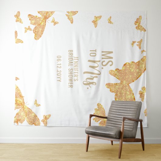 Mevrouw Boho Gold Butterfly White Bridal Backdrop Wandkleed (In Situ (horizontaal))