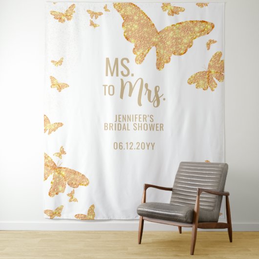 Mevrouw Boho Gold Butterfly White Bridal Backdrop Wandkleed (In situ)