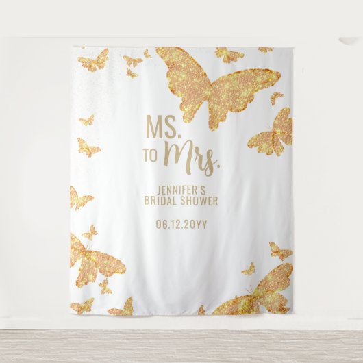 Mevrouw Boho Gold Butterfly White Bridal Backdrop Wandkleed (Voorkant)
